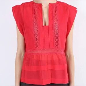 Isabel Marant Etoile Women’s Red Square Neck Ruffle Short Sleeve Blouse